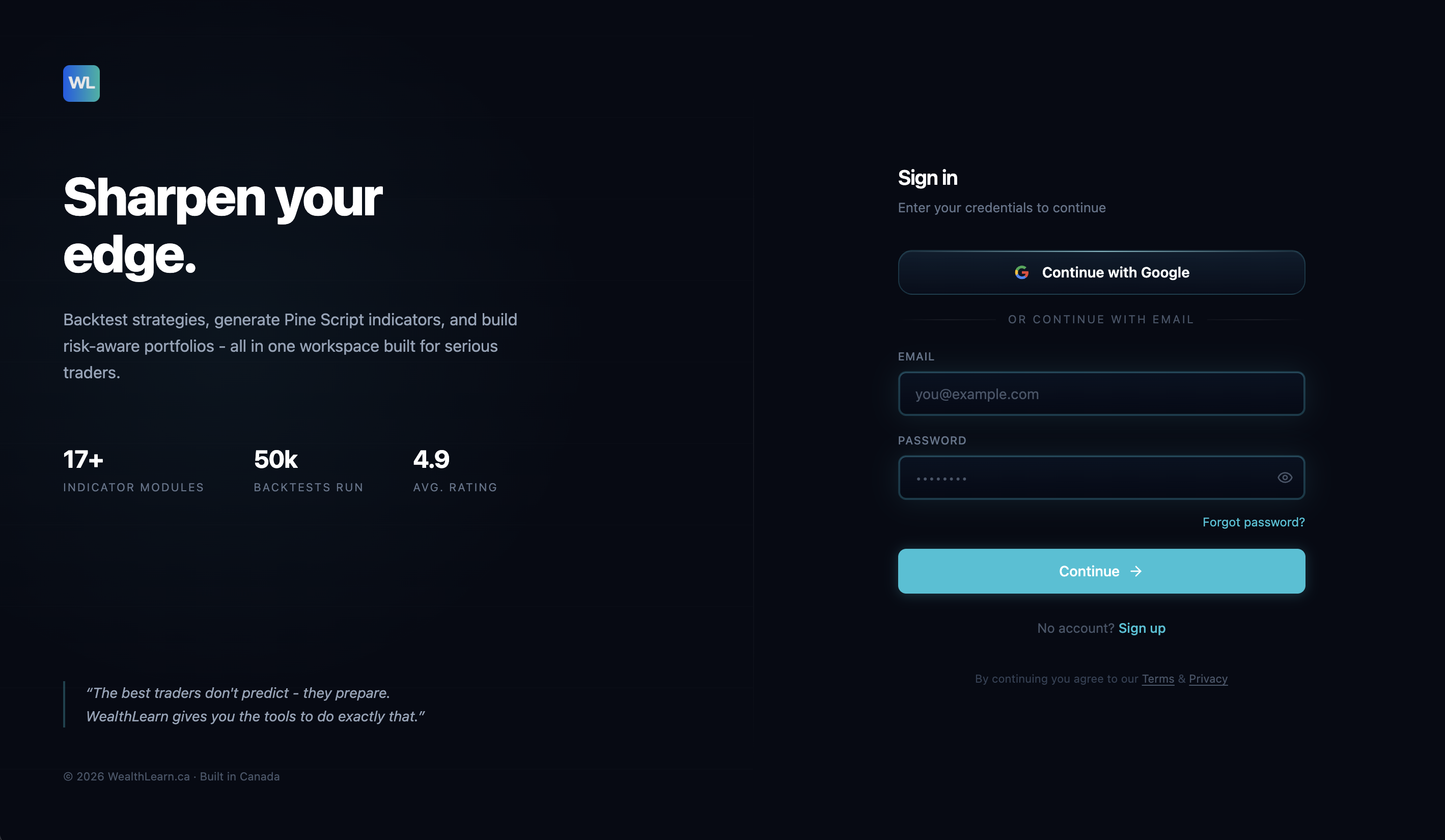 WealthLearn sign-in interface preview